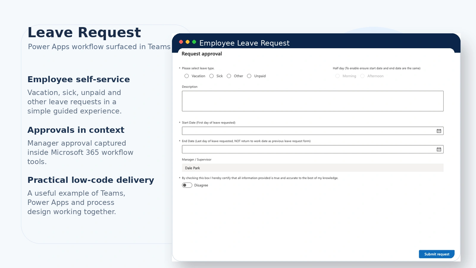 Employee leave request Power Apps workflow preview